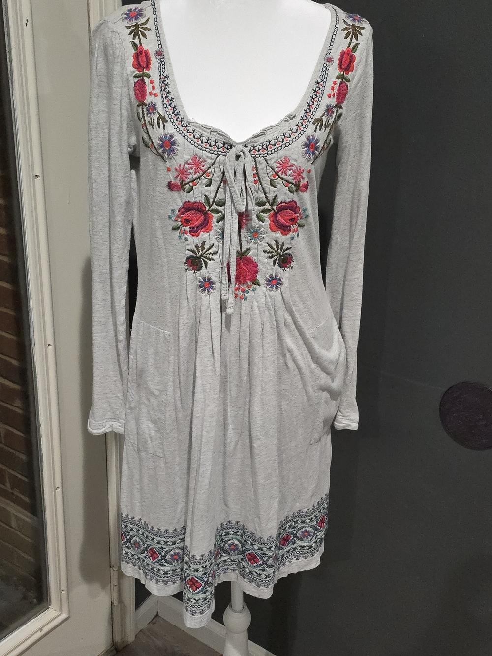 Vintage Rare Johnny Was Grey Boho Dress Embroidered